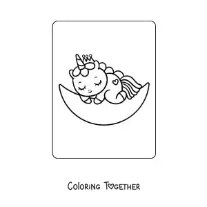 Coloring page of an easy kawaii baby unicorn sleeping on the moon