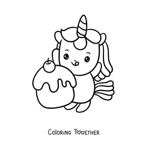Coloring page of an easy kawaii unicorn with a big cupcake