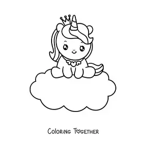 Coloring page of a unicorn princess on a cloud
