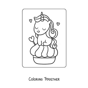 Coloring page of a kawaii unicorn with a giant candy