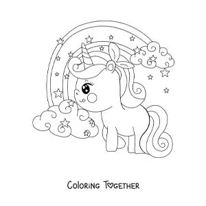 Coloring page of a kawaii unicorn with big eyes next to a rainbow