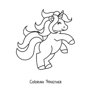 Coloring page of a kawaii unicorn standing on two legs