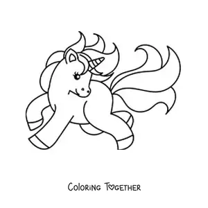 Coloring page of a galloping kawaii unicorn