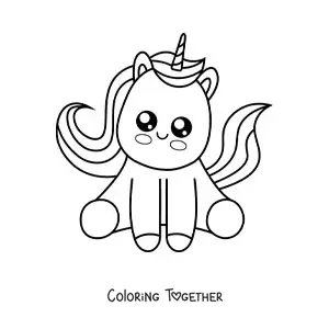 Coloring page of an easy kawaii unicorn sitting down