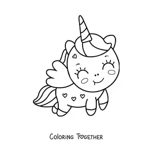 Coloring page of an easy kawaii unicorn with wings