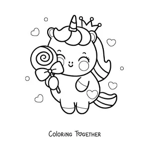 Coloring page of a kawaii unicorn with a candy and hearts