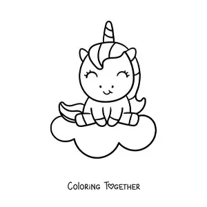 Coloring page of a kawaii unicorn sitting on a cloud