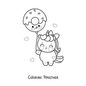 Coloring page of a kawaii unicorn with a donut balloon
