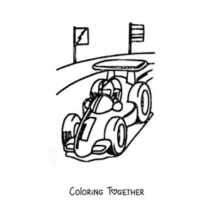 Coloring page of a Formula 1 car on the racetrack