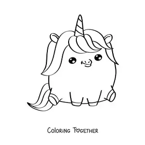 Coloring page of a big, easy kawaii unicorn sitting down