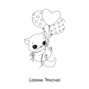 Coloring page of a kawaii cat with heart balloons