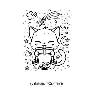 Coloring page of a kawaii cat drinking boba tea