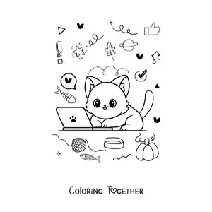 Coloring page of a kawaii cat on a laptop