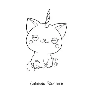 Coloring page of a kawaii caticorn sitting down