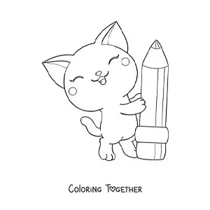 Coloring page of a kawaii cat with a school pencil