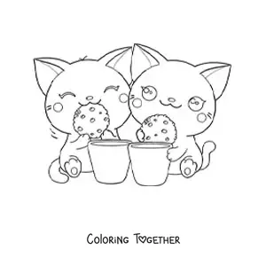 Coloring page of a pair of kawaii cats eating cookies with milk