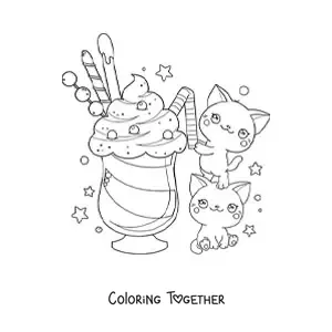 Coloring page of a pair of kawaii cats sharing an ice cream