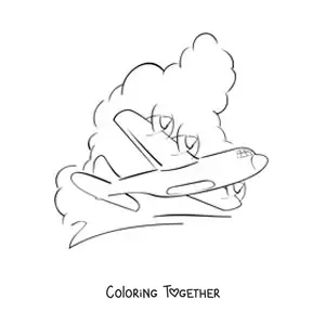 Coloring page of a plane flying with clouds in the background