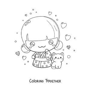 Coloring page of a chibi Japanese girl with a kawaii cat