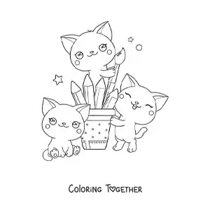 Coloring page of kawaii cats with brushes and drawing supplies