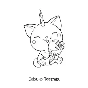 Coloring page of a kawaii caticorn sitting and eating an ice cream