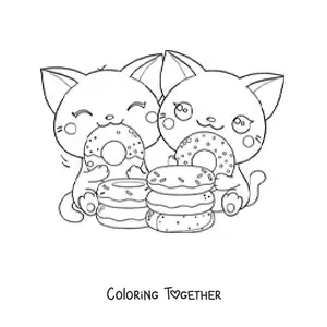 Coloring page of a pair of kawaii cats eating donuts