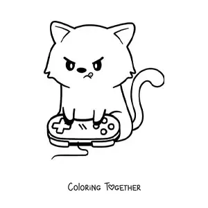 Coloring page of a kawaii cartoon cat playing video games