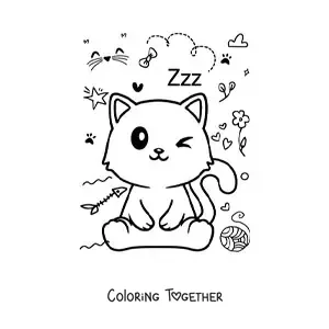 Coloring page of a kawaii cartoon cat sitting with a ball of yarn