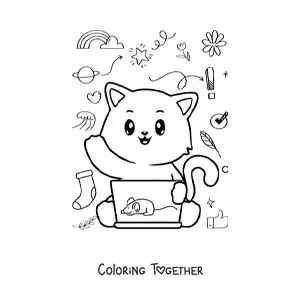 Coloring page of a kawaii cartoon cat using the computer