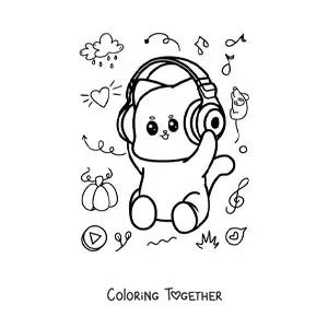 Coloring page of a kawaii cartoon cat listening to music with headphones