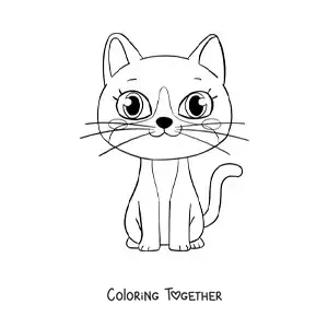 Coloring page of a kawaii cartoon cat sitting down