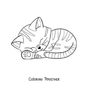 Coloring page of a striped kawaii cartoon cat sleeping