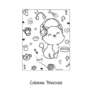 Coloring page of a kawaii cartoon cat sitting with headphones