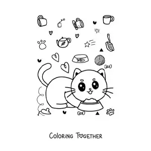 Coloring page of a kawaii cartoon cat eating from its bowl