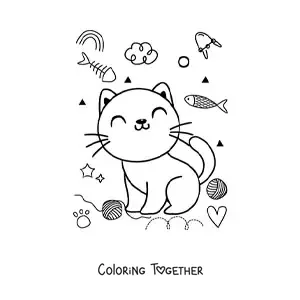 Coloring page of a happy kawaii cartoon cat