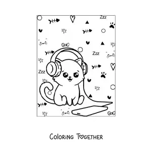 Coloring page of a kawaii cartoon cat listening to music on the phone