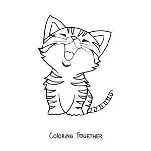 Coloring page of a striped kawaii kitten yawning