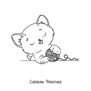 Coloring page of a kawaii kitten playing with yarn