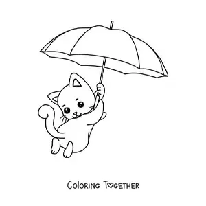 Coloring page of a kawaii kitten floating with an umbrella
