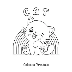 Coloring page of a kawaii kitten with a rainbow
