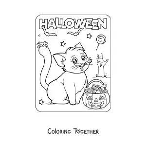 Coloring page of a kawaii kitten at Halloween with a pumpkin