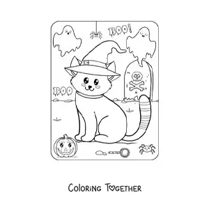 Coloring page of a kawaii kitten at Halloween with a witch hat