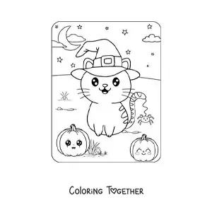 Coloring page of a kawaii kitten at Halloween with a witch hat and pumpkins