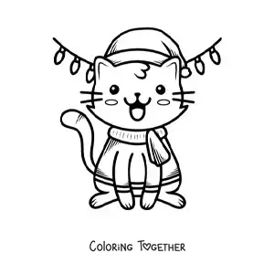 Coloring page of a kawaii kitten at Christmas in warm clothes