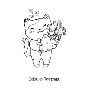 Coloring page of a kawaii kitten on Valentine's Day with a bouquet of flowers