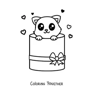 Coloring page of a kawaii kitten coming out of a gift box
