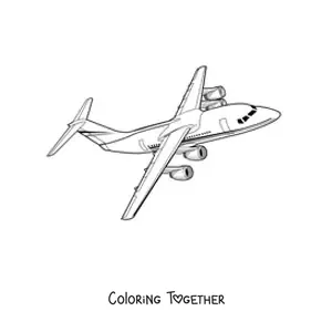 Coloring page of a commercial airplane flying sideways
