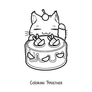 Coloring page of a kawaii cartoon kitten with a fruit cake