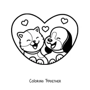Coloring page of a kawaii couple of a dog and a cat with hearts