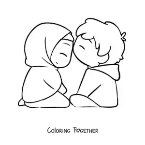 Coloring page of a kawaii couple with a girl wearing a hijab